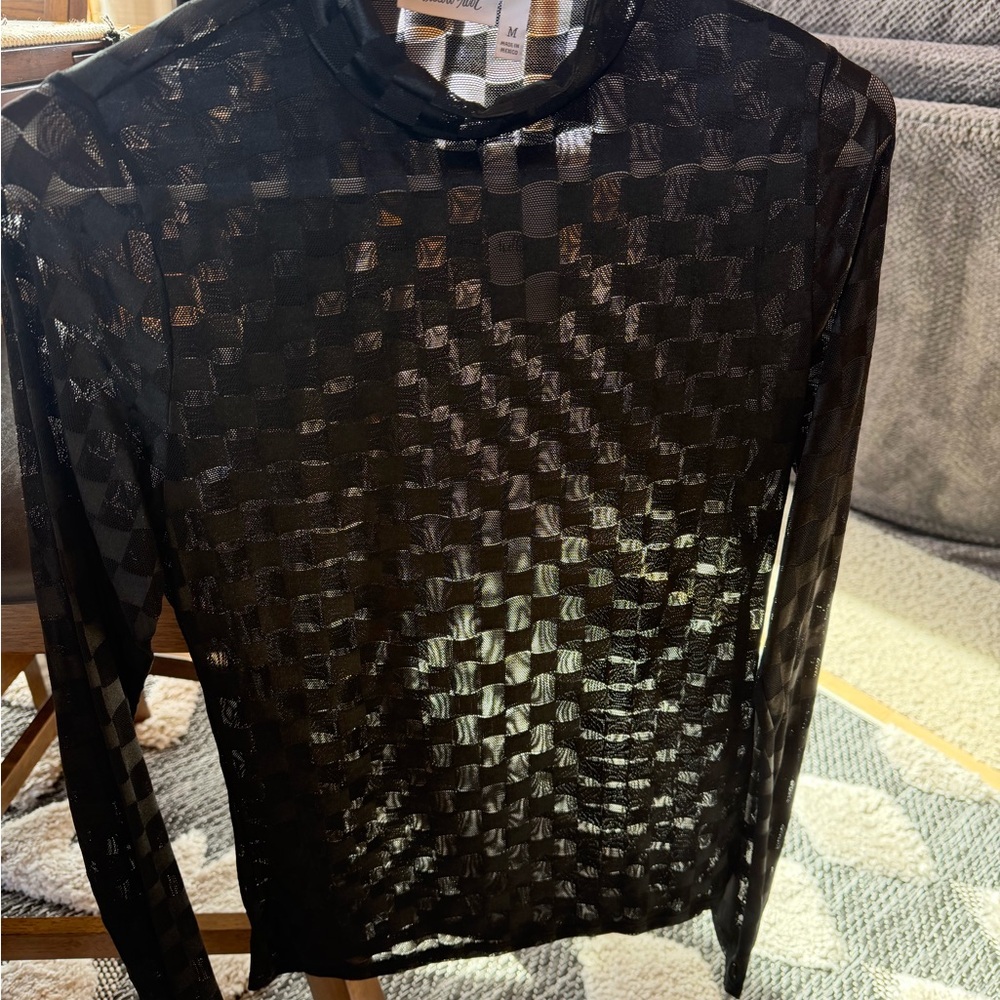 Willow & Root Sheer Checkered Mesh Long Sleeve Top - Black